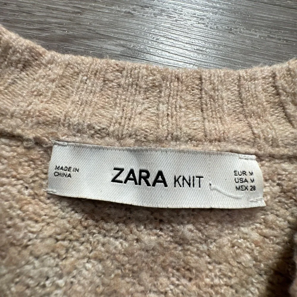 Zara Knit Sweater Womens M Tan Wool Blend Ribbed Trim Oversized‎ Cozy Minimalist